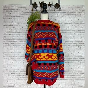 Vintage Red Geometric Longline Sweater